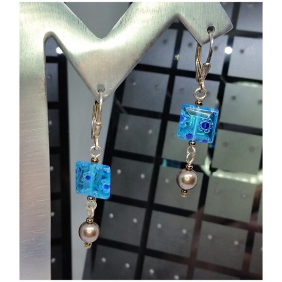 𝅺Vintage sterling silver 925 blue millefiori glass earrings dangle drop. - Picture 1 of 2